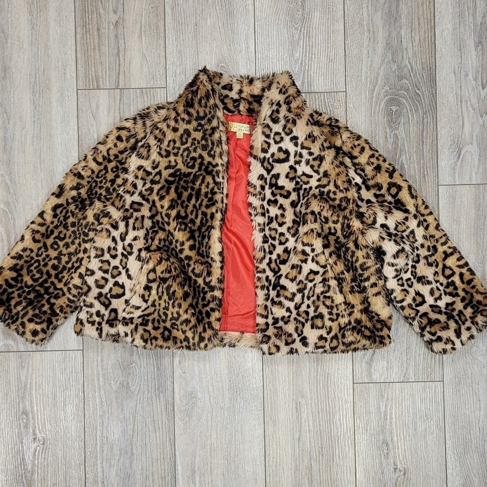 Princess Vera Wang Sie XL 14 Faux Fur Leopard Jacket Teddy Coat Cheetah Print